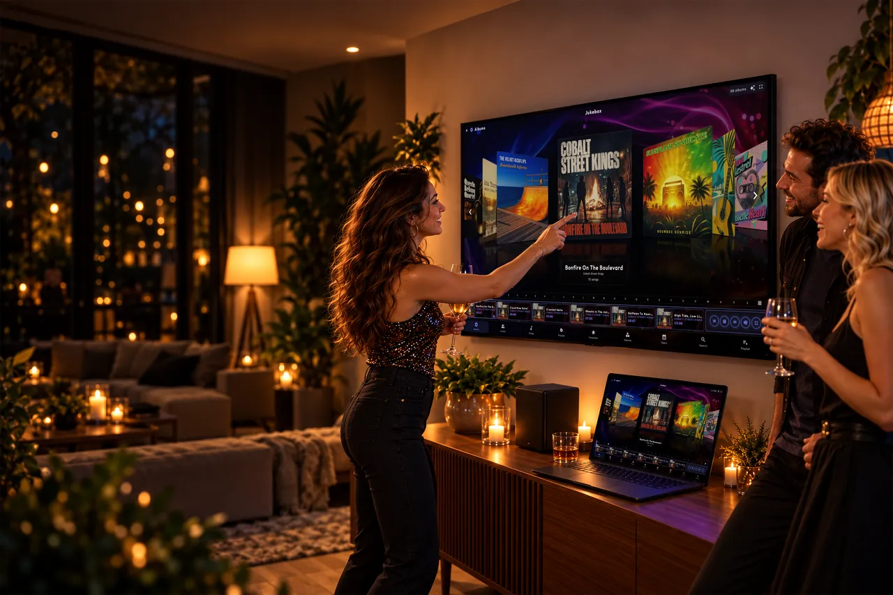 At a house party, a woman taps an album cover on a touchscreen on the living room wall while two friends laugh; a laptop below shows the same music app