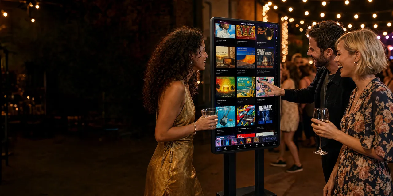 Three friends laugh around a tall standing screen at a party while one of them taps an album cover