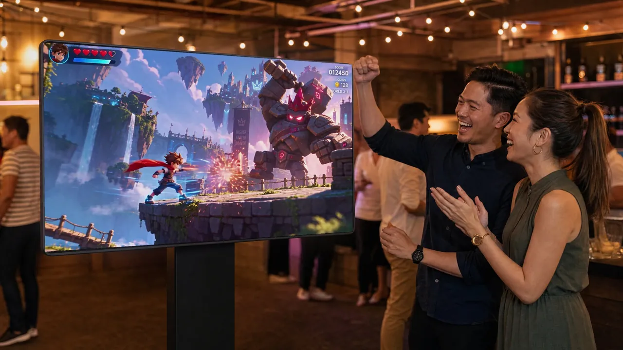 Two friends cheer at a game running on a wide screen on a stand in a bar