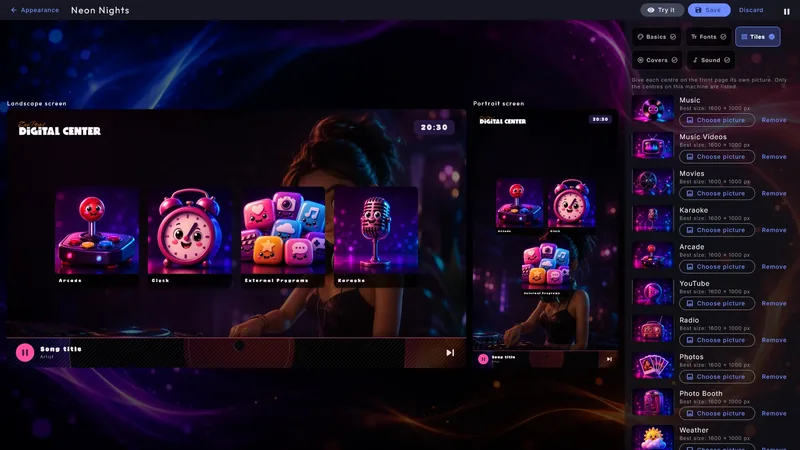 The skin editor: a new skin shown on a wide and an upright screen, with a picture for each tile